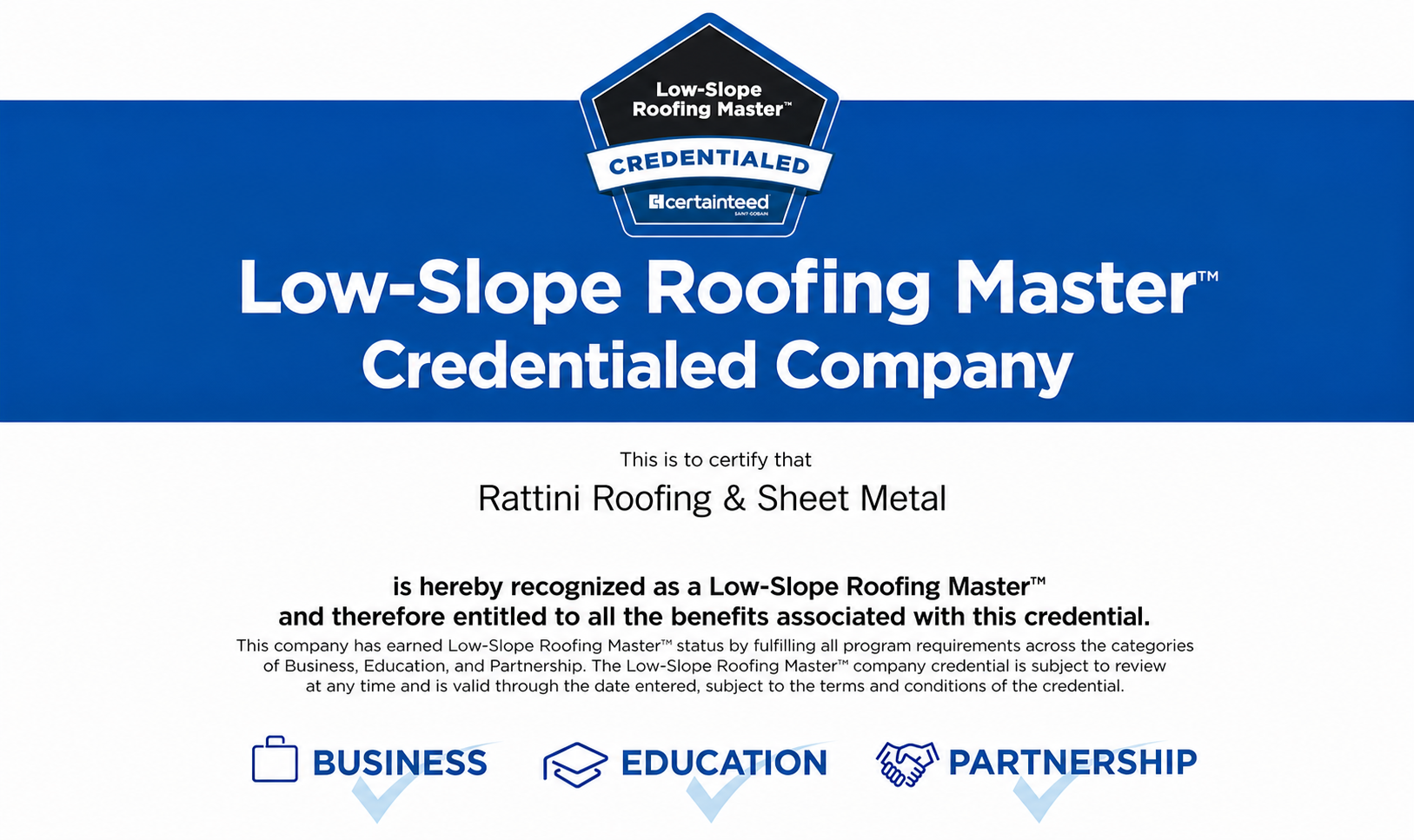 CertainTeed Low-Slope Roofing Master Credentialed Company certificate