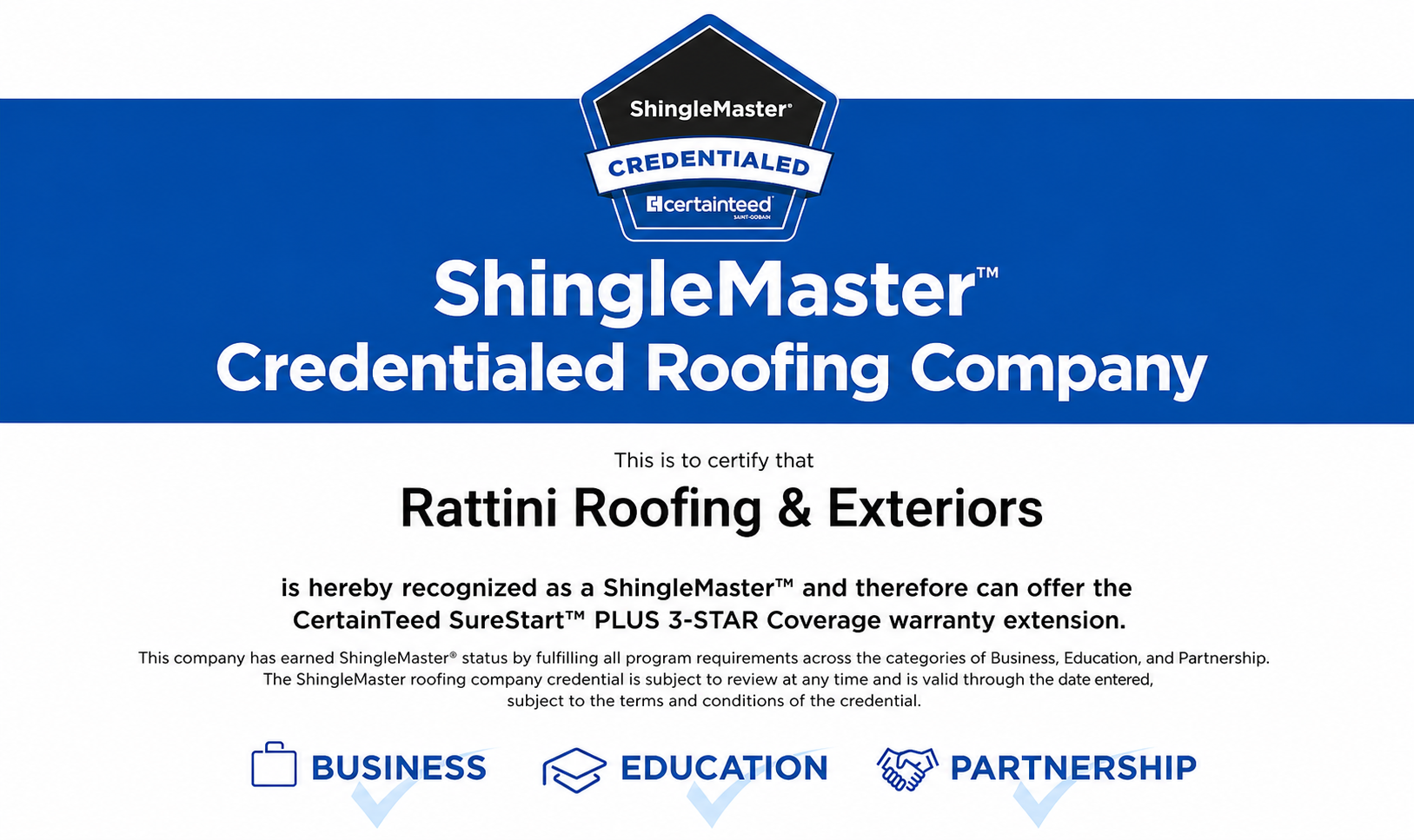 CertainTeed ShingleMaster Credentialed Roofing Company certificate